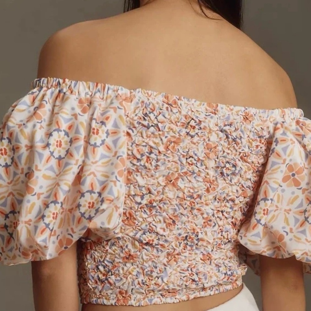 Anthropologie Dolan Multicolor Floral Off-Shoulder Textured Blouse,Puff Sleeve,M - Picture 2 of 13